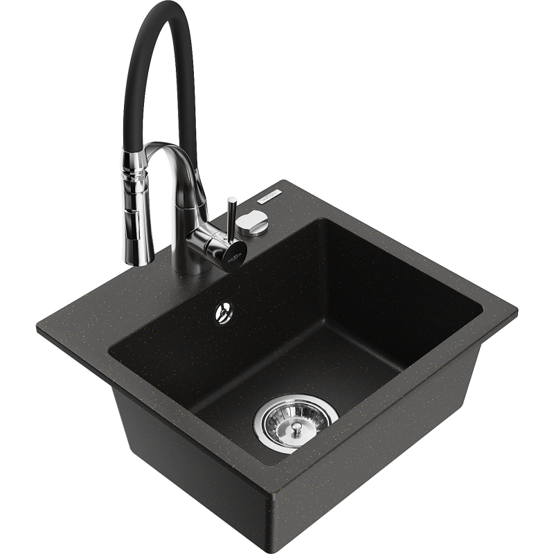 Mexen Milo chiuvetă de bucătărie din granit cu 1 compartiment și baterie de bucătărie Aster, negru/auriu metalizat