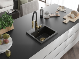Mexen Milo chiuvetă de bucătărie din granit cu 1 compartiment cu baterie Aster, negru/auriu metalic - 6505-75-73450-57-G