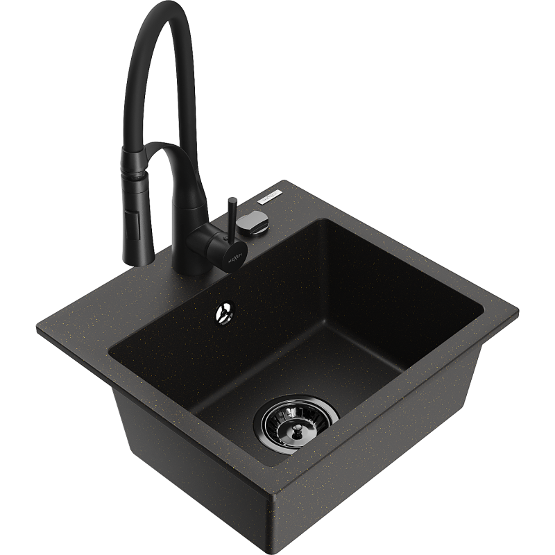 Mexen Milo egymedencés gránit mosogató Aster konyhai csapteleppel, fekete/arany metál - 6505-75-73450-70-B