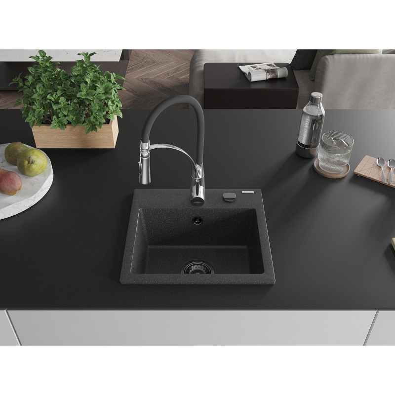 Mexen Milo chiuvetă de granit cu 1 compartiment cu baterie de bucătărie Aster, neagră cu pete - 6505-76-73450-07-B