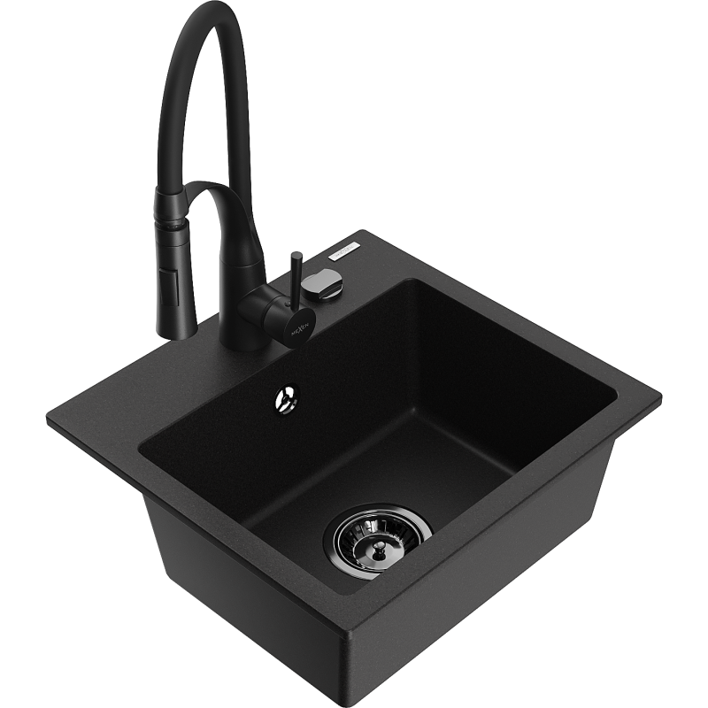 Mexen Milo chiuvetă de bucătărie din granit cu o cameră, cu baterie Aster, negru - 6505-77-73450-70-B