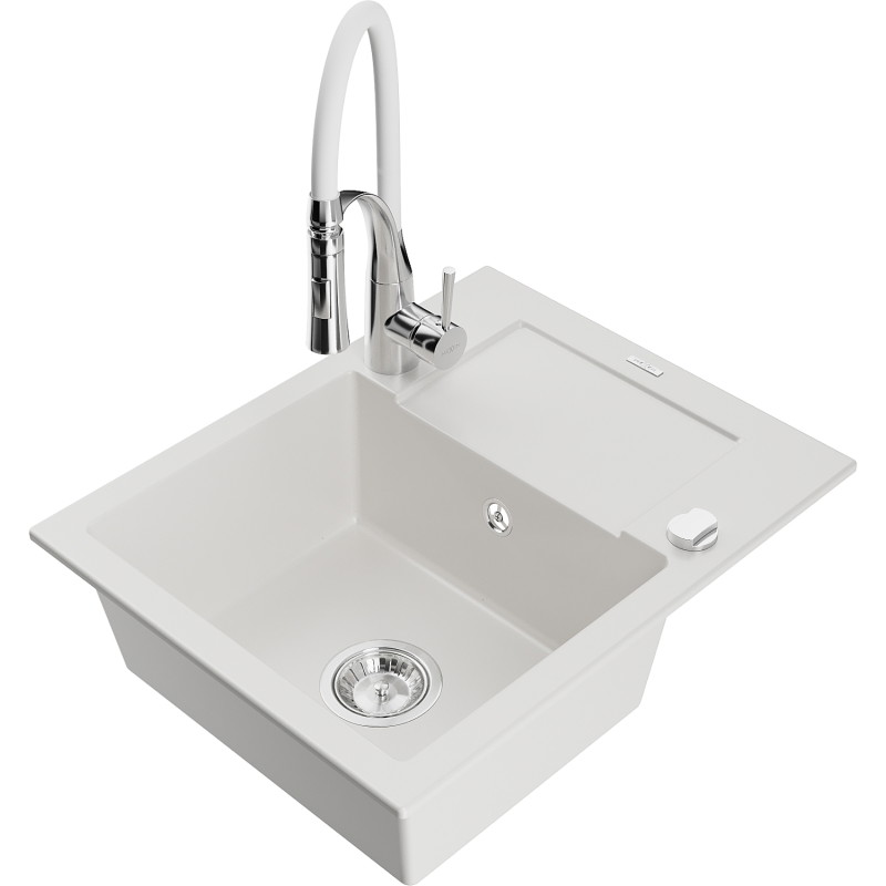 Mexen Enzo chiuvetă de granit cu 1 cuvă, cu scurgător și baterie de bucătărie Aster, albă - 6506-20-73450-02