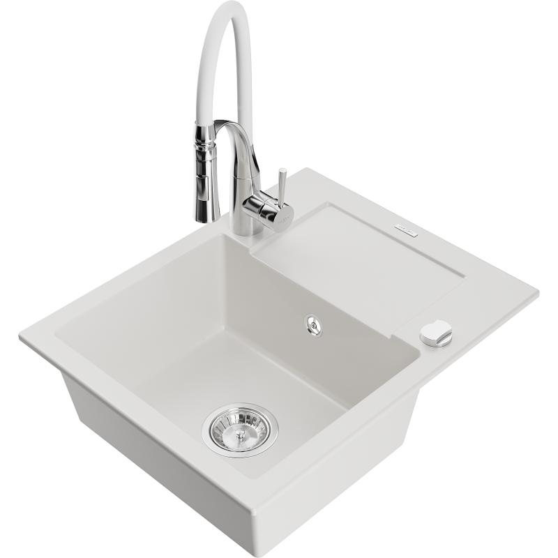 Mexen Enzo egykamrás gránit mosogató csepegtetővel és konyhai csapteleppel Aster, fehér - 6506-20-73450-02