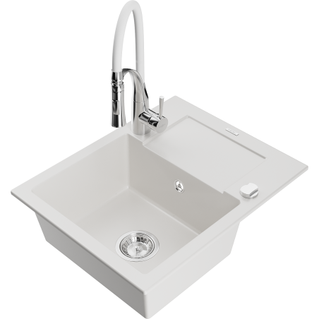 Mexen Enzo egykamrás gránit mosogató csepegtetővel és konyhai csapteleppel Aster, fehér - 6506-20-73450-02