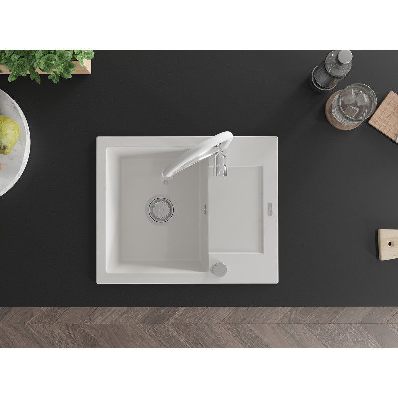 Mexen Enzo egykamrás gránit mosogató csepegtetővel és konyhai csapteleppel Aster, fehér - 6506-20-73450-02