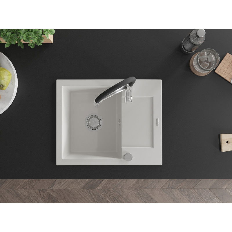 Mexen Enzo chiuvetă din granit cu o singură cuvă cu scurgător și baterie de bucătărie Aster, alb - 6506-20-73450-07