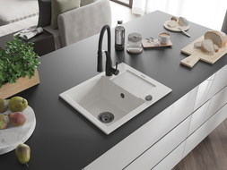 Mexen Enzo chiuvetă de granit cu 1 compartiment cu scurgător și baterie de bucătărie Aster, alb - 6506-20-73450-70-B