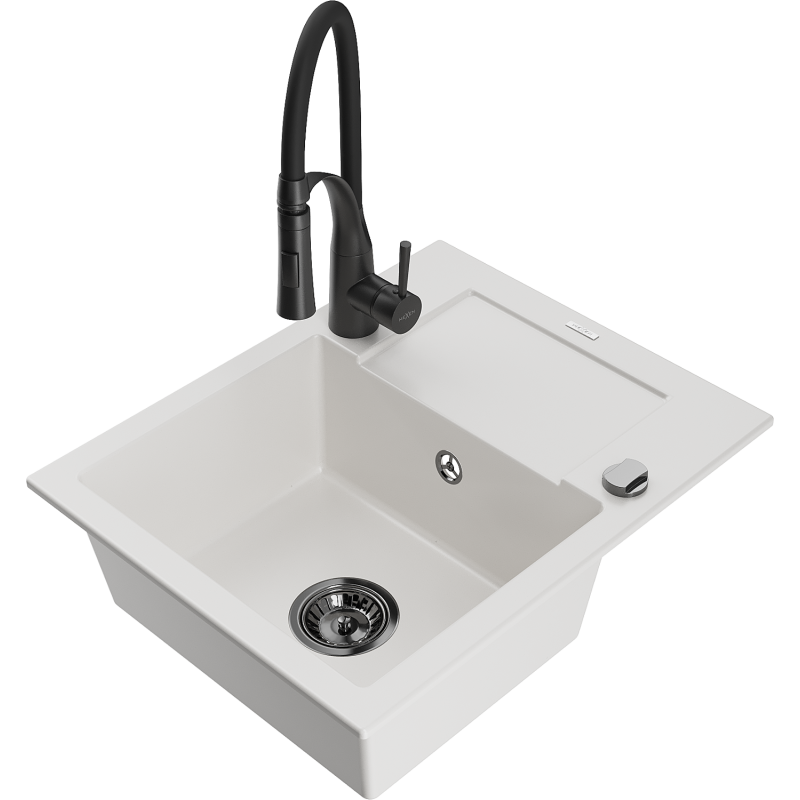 Mexen Enzo chiuvetă de granit cu 1 compartiment cu scurgător și baterie de bucătărie Aster, alb - 6506-20-73450-70-B