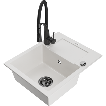 Mexen Enzo chiuvetă de granit cu 1 compartiment cu scurgător și baterie de bucătărie Aster, alb - 6506-20-73450-70-B