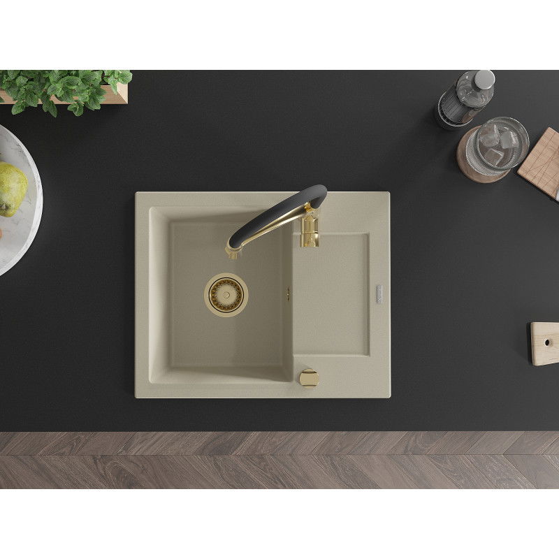 Mexen Enzo 1-medencés gránit mosogató csepegtetővel és Aster konyhai csapteleppel, bézs - 6506-69-73450-57-G