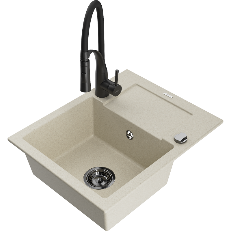 Mexen Enzo chiuvetă de bucătărie din granit cu 1 compartiment, picurător și baterie Aster, bej - 6506-69-73450-70-B
