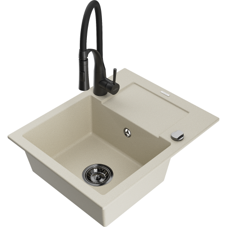 Mexen Enzo chiuvetă de bucătărie din granit cu 1 compartiment, picurător și baterie Aster, bej - 6506-69-73450-70-B
