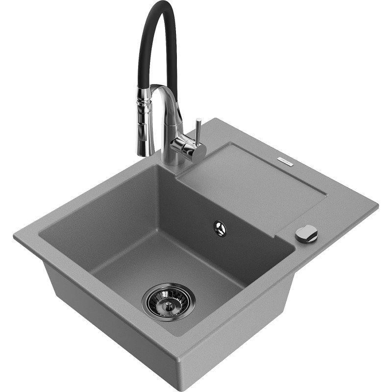 Mexen Enzo chiuvetă de granit cu 1 compartiment, cu scurgător și baterie de bucătărie Aster, gri - 6506-71-73450-07-B