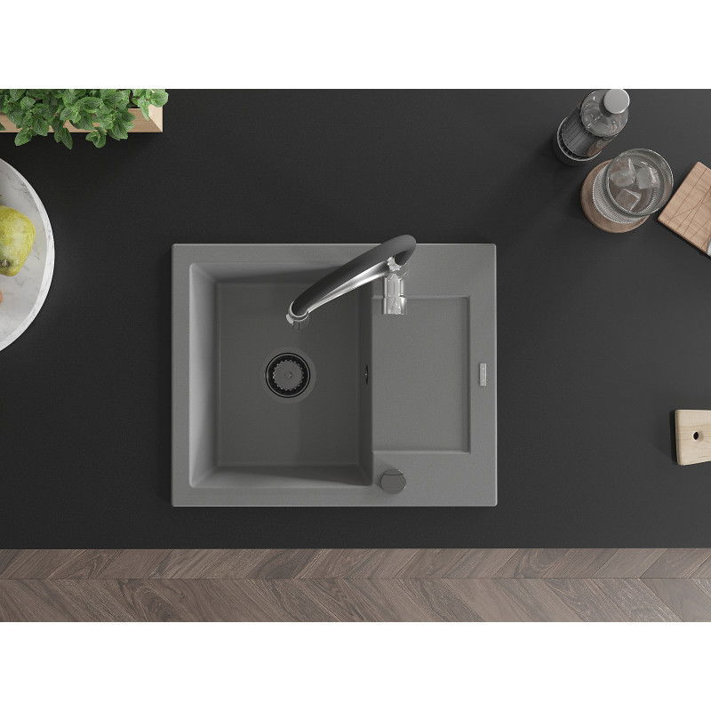 Mexen Enzo chiuvetă de granit cu o cuvă și scurgător și baterie de bucătărie Aster, gri - 6506-71-73450-07-B
