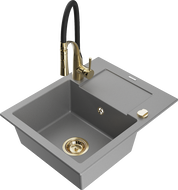 Mexen Enzo egymedencés gránit mosogató csepegtetővel és Aster konyhai csapteleppel, szürke - 6506-71-73450-57-G