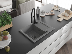 Mexen Enzo chiuvetă de granit cu 1 compartiment cu scurgător și baterie de bucătărie Aster, gri - 6506-71-73450-70-B