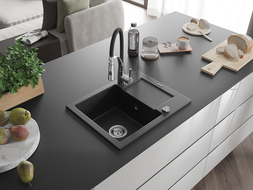 Chiuvetă din granit Mexen Enzo cu 1 compartiment și baterie de bucătărie Aster, negru/argintiu metalic - 6506-73-73450-07