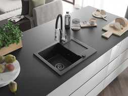 Chiuvetă de granit Mexen Enzo cu o cuvă, scurgător și baterie bucătărie Aster, negru/metalic argintiu - 6506-73-73450-07-B