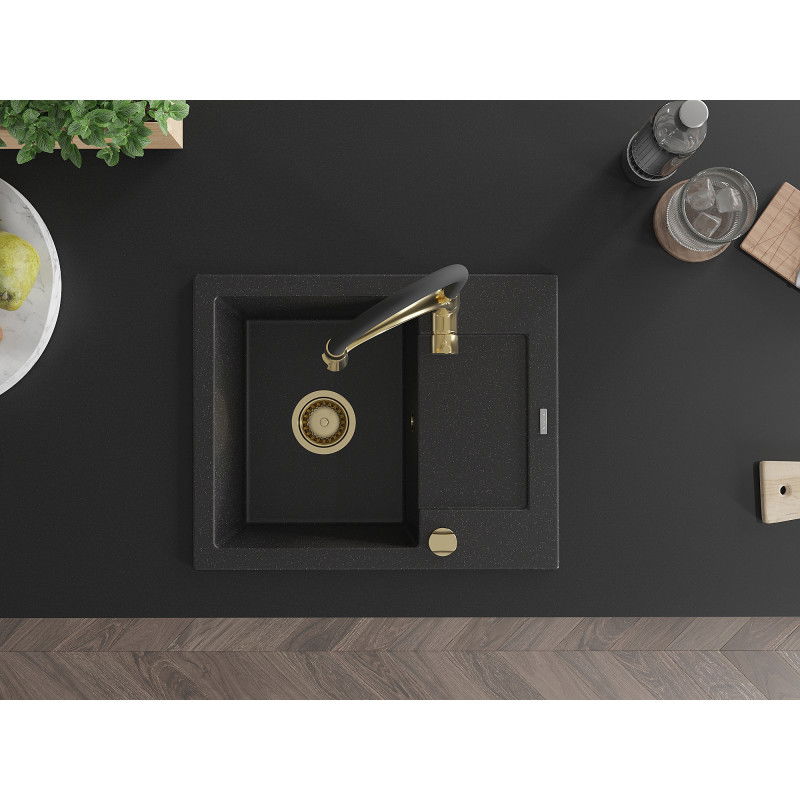 Mexen Enzo gránit mosogató 1-medencés csepegtetővel és Aster konyhai csapteleppel, fekete/ezüst metál - 6506-73-73450-57-G