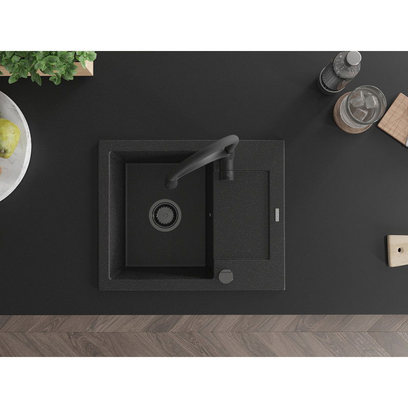 Mexen Enzo 1-kamrás gránit mosogatótálca csepegtetővel és Aster konyhai csapteleppel, fekete/ezüst metál - 6506-73-73450-70-B