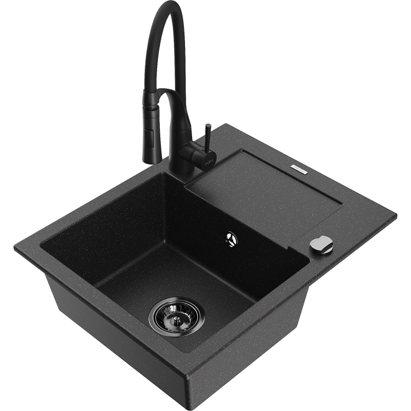 Mexen Enzo 1-kamrás gránit mosogatótálca csepegtetővel és Aster konyhai csapteleppel, fekete/ezüst metál - 6506-73-73450-70-B