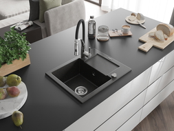 Mexen Enzo chiuvetă de bucătărie granit 1-cameră cu scurgător și baterie Aster, negru/auriu metalic - 6506-75-73450-07