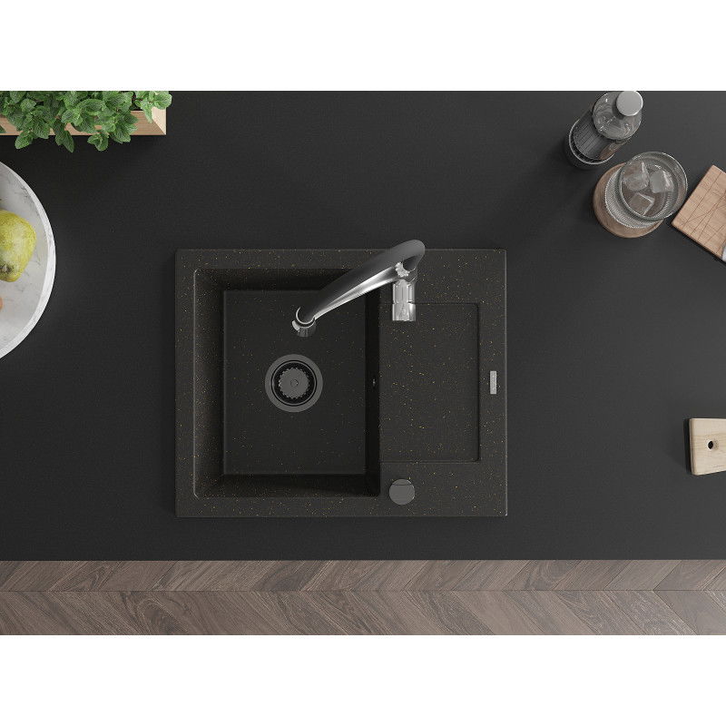 Mexen Enzo chiuvetă de granit cu 1 compartiment, cu scurgător și baterie de bucătărie Aster, negru/auriu metalizat