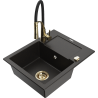 Mexen Enzo chiuvetă de bucătărie din granit cu 1 cuvă, cu scurgător și baterie de bucătărie Aster, negru/auriu metalizat