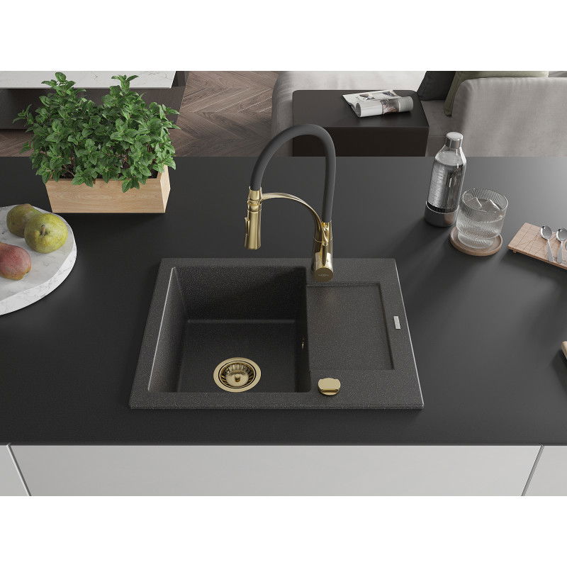Mexen Enzo chiuvetă de granit cu 1 compartiment cu scurgător și baterie de bucătărie Aster, neagră cu pete - 6506-76-73450-57-G
