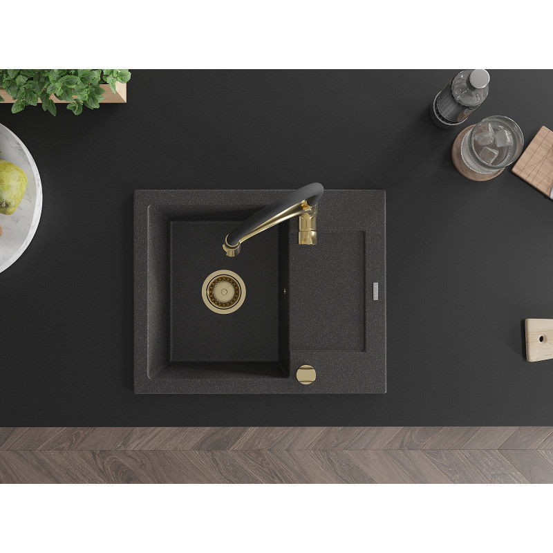 Mexen Enzo 1-medencés gránit mosogató csepptálcával és Aster konyhai csappal, fekete pöttyös - 6506-76-73450-57-G