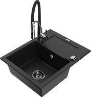 Mexen Enzo chiuvetă din granit cu 1 compartiment, cu picurător și baterie de bucătărie Aster, negru - 6506-77-73450-07-B