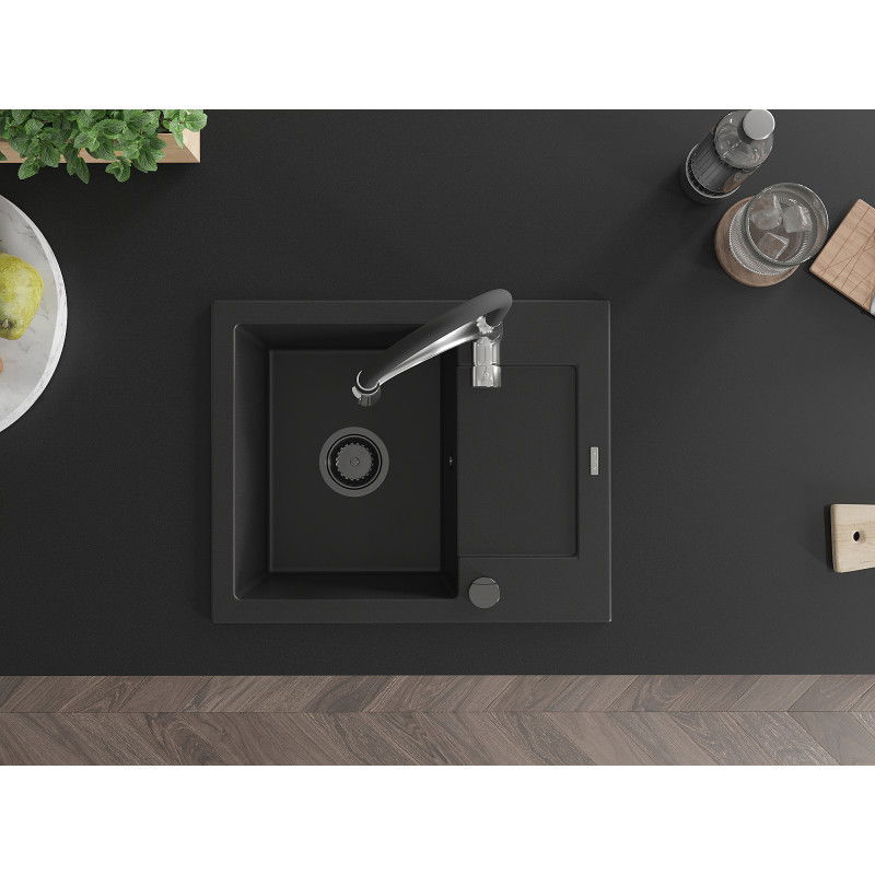 Mexen Enzo chiuvetă din granit cu 1 compartiment, cu picurător și baterie de bucătărie Aster, negru - 6506-77-73450-07-B