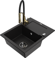 Mexen Enzo, 1 rekeszes gránit mosogató csepegtetővel és Aster konyhai csapteleppel, fekete - 6506-77-73450-57-B