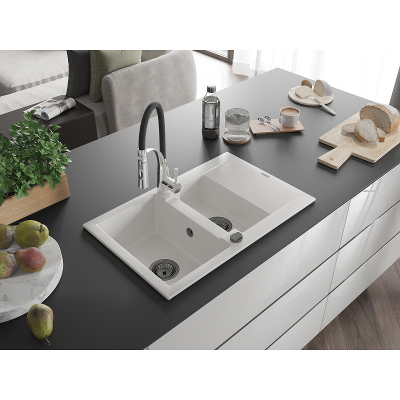 Mexen Gaspar chiuvetă din granit cu 1,5 cuve, cu scurgător și baterie de bucătărie Aster, alb - 6507-20-73450-07-B