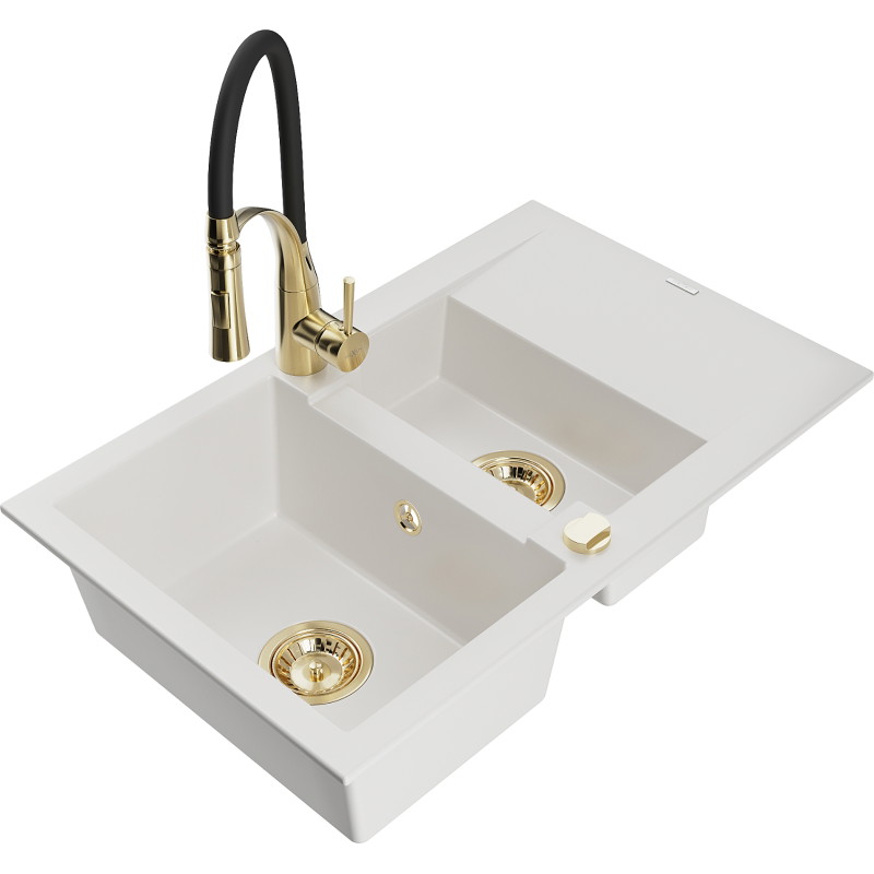 Mexen Gaspar chiuvetă din granit cu 1,5 cuve, cu scurgător și robinet de bucătărie Aster, alb - 6507-20-73450-57-G