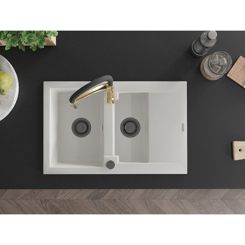 Mexen Gaspar 1,5 kamrás gránit mosogató csepegtetővel és Aster konyhai csaptelep, fehér - 6507-20-73450-57-B