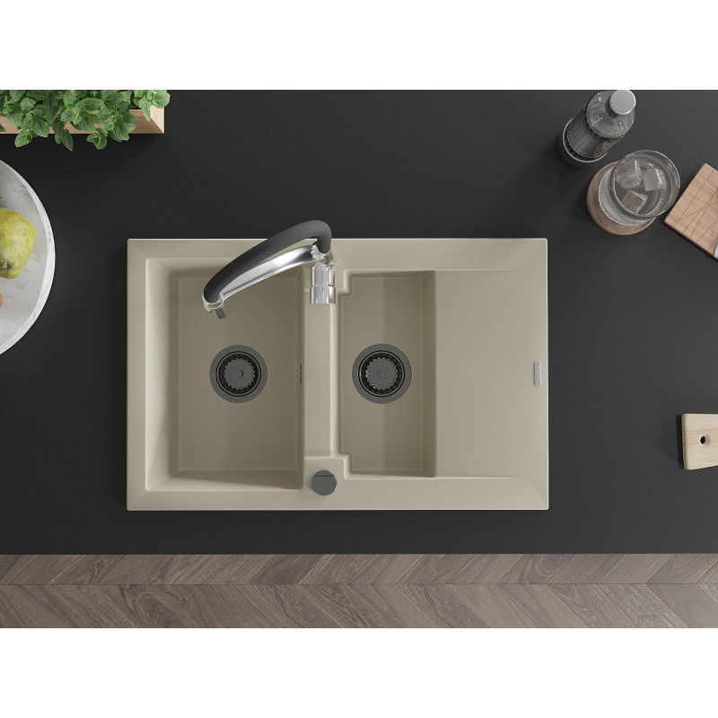 Mexen Gaspar gránit mosogató 1,5 kamrás csepegtetővel és konyhai csappal Aster, beige - 6507-69-73450-07-B
