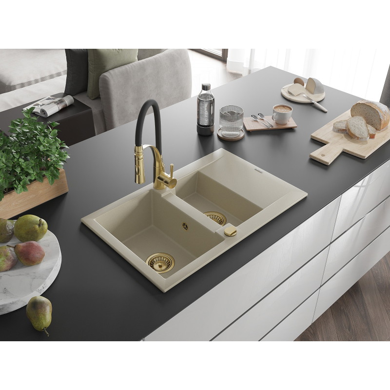 Mexen Gaspar chiuvetă granitică 1,5 cameră cu scurgător și robinet de bucătărie Aster, bej - 6507-69-73450-57-G