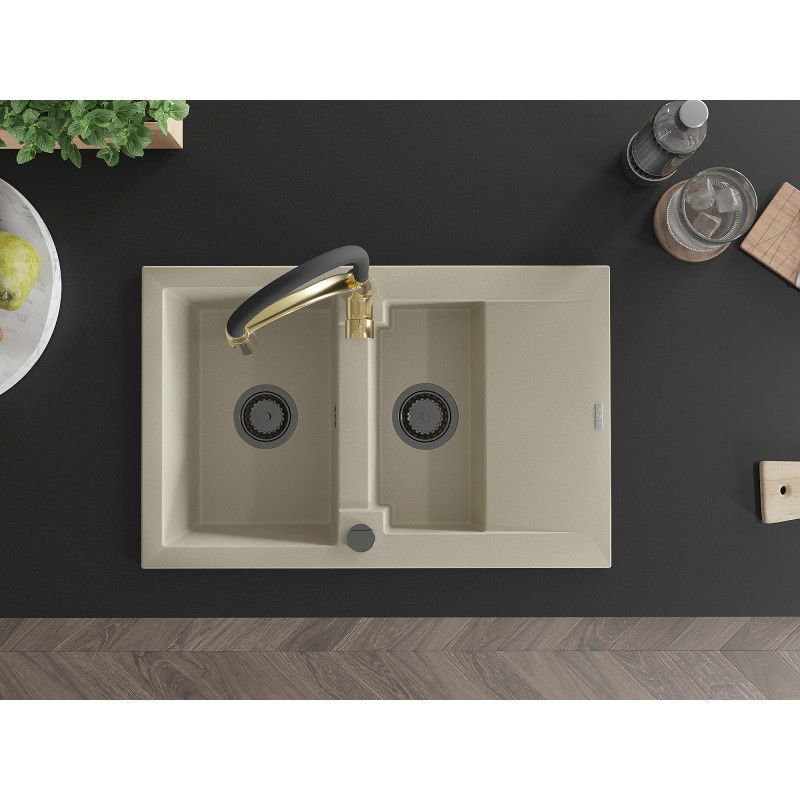 Mexen Gaspar gránit mosogató 1,5 tálcás csepegtetővel és Aster konyhai csapteleppel, bézs - 6507-69-73450-57-B