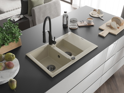 Mexen Gaspar gránit mosogató 1,5 rekeszes, csepegtetővel és Aster konyhai csappal, bézs - 6507-69-73450-70-B