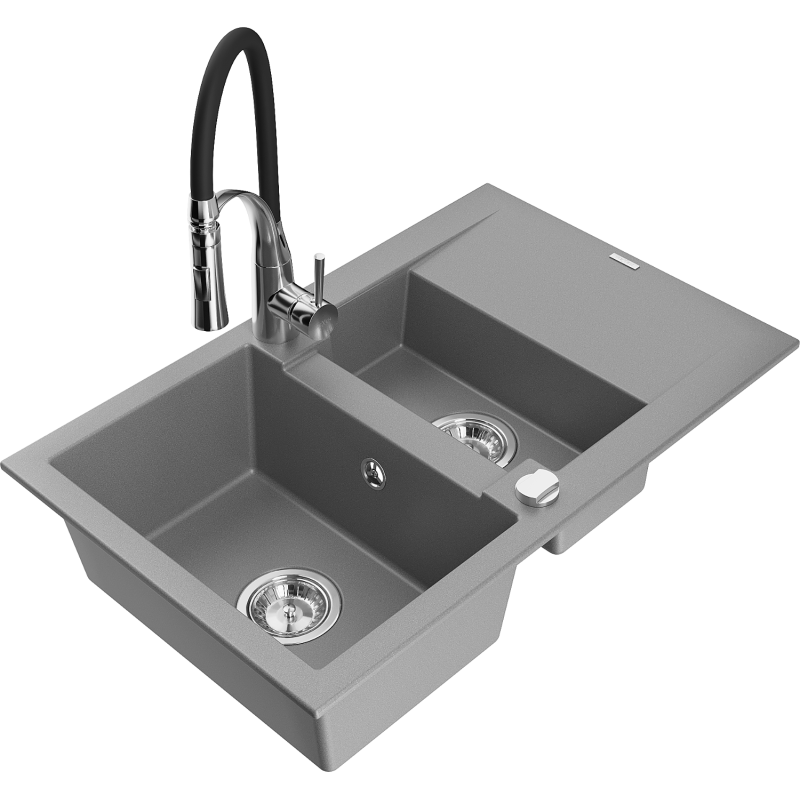 Mexen Gaspar chiuvetă de bucătărie din granit cu 1,5 cuve, cu scurgător și baterie de bucătărie Aster, gri