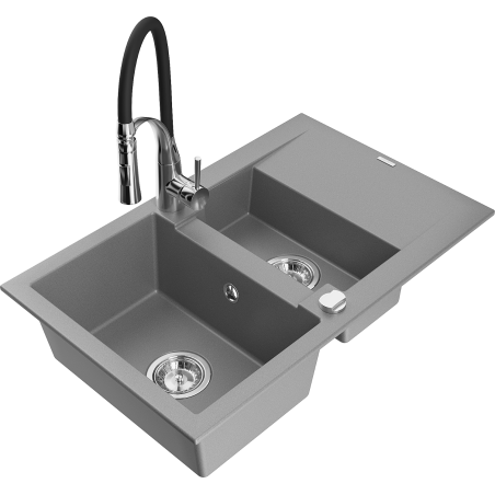 Mexen Gaspar gránit mosogató 1,5 medencés csepegtetővel és Aster konyhai csappal, szürke - 6507-71-73450-07