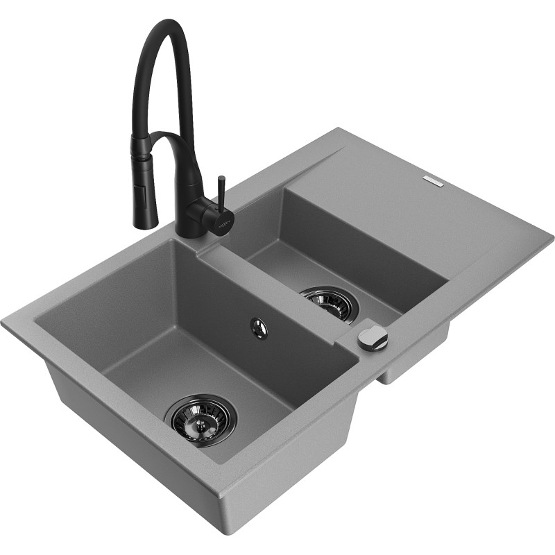 Mexen Gaspar chiuvetă de granit cu 1,5 compartimente cu scurgător și baterie de bucătărie Aster, gri - 6507-71-73450-70-B