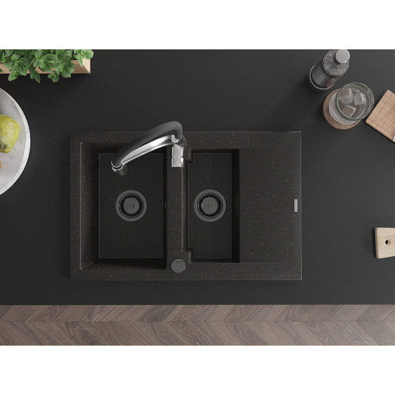 Mexen Gaspar gránit 1,5-medencés mosogató csepegtetővel és Aster konyhai csappal, fekete/arany metál - 6507-75-73450-07-B