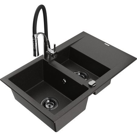 Mexen Gaspar chiuvetă granit 1,5-camere cu picurător și baterie de bucătărie Aster, negru/auriu metalizat - 6507-75-73450-07-B