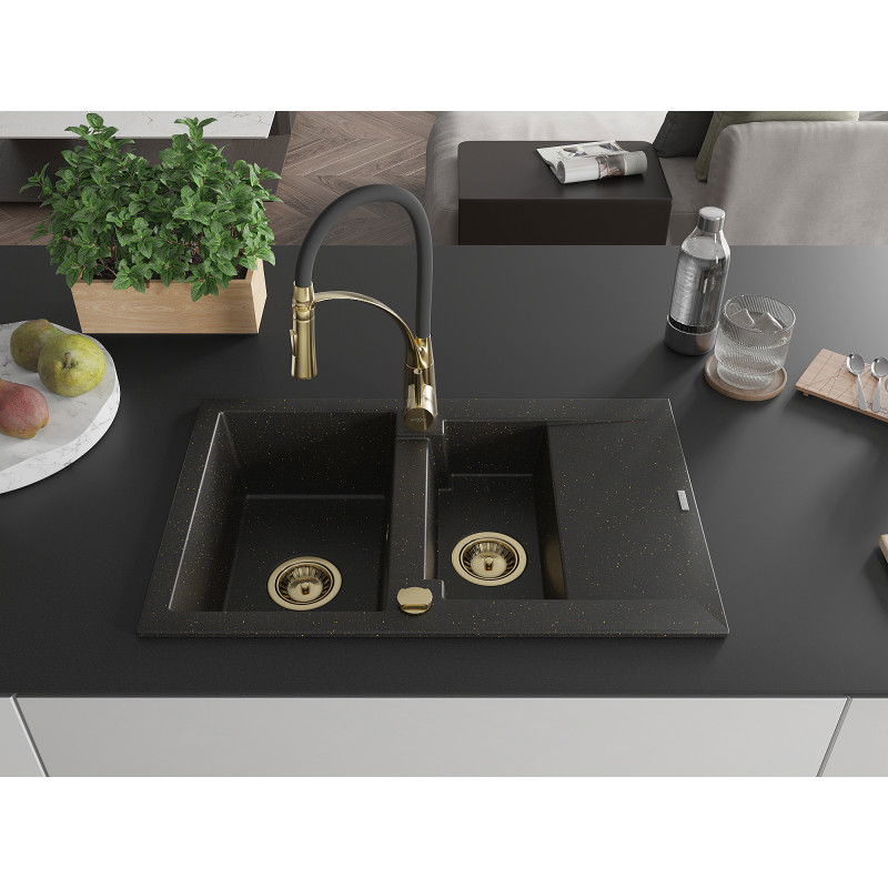 Mexen Gaspar chiuvetă din granit cu 1,5 compartimente, cu scurgător și baterie de bucătărie Aster, neagră/auriu metalizat