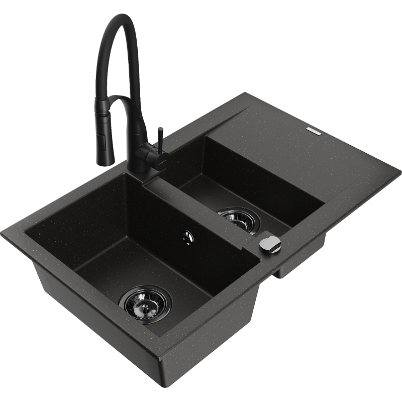 Mexen Gaspar chiuvetă de granit cu 1,5 compartimente cu scurgător și baterie bucătărie Aster, negru/auriu metalizat