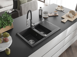 Mexen Gaspar chiuvetă granit 1,5-camere cu scurgător și baterie bucătărie Aster, negru pătat - 6507-76-73450-07