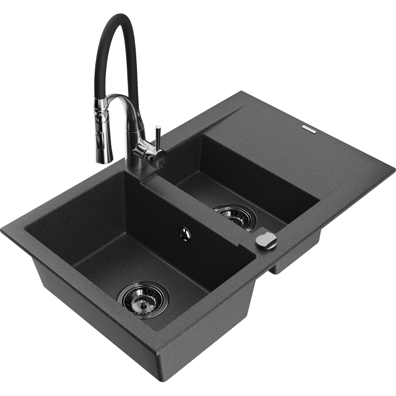 Mexen Gaspar chiuvetă din granit cu 1,5 camere, cu scurgător și baterie de bucătărie Aster, negru cu pete - 6507-76-73450-07-B