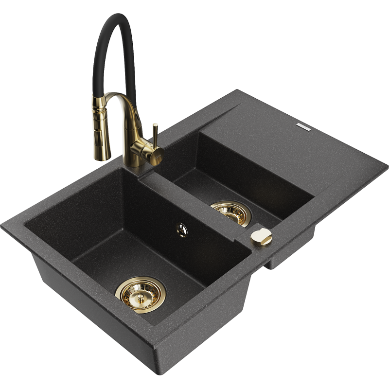 Mexen Gaspar chiuvetă granit 1,5-camere cu scurgător și baterie de bucătărie Aster, negru picat - 6507-76-73450-57-G